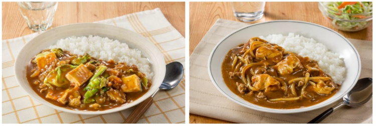 画像：（左から）「豆腐とキャベツのカレー」「3種のお肉カレー」