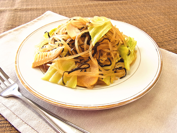 キャベツと塩昆布のパスタ風マロニー